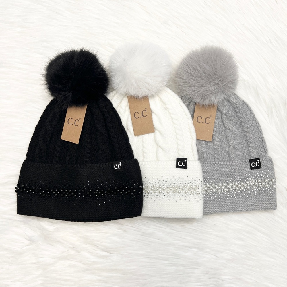 C.C Rhinestone Pearl Pom Beanie Adults, CC Winter Hat, CC Winter Beanie,CCBeanie